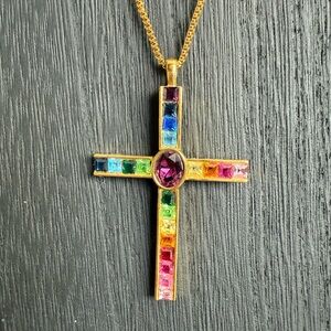 Vintage Gold Multicolor Gemstone Cross Necklace